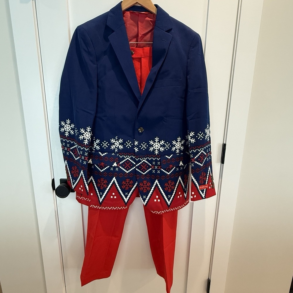 Shinesty Holiday Ugly Suit Blue/Red‎ Mens Size 40 Pants 31x32 Christmas Party